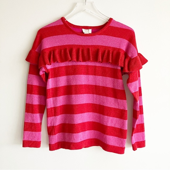 KATE Spade Girls Size 12 Holiday Sweater Pink Red Striped Ruffle Metallic